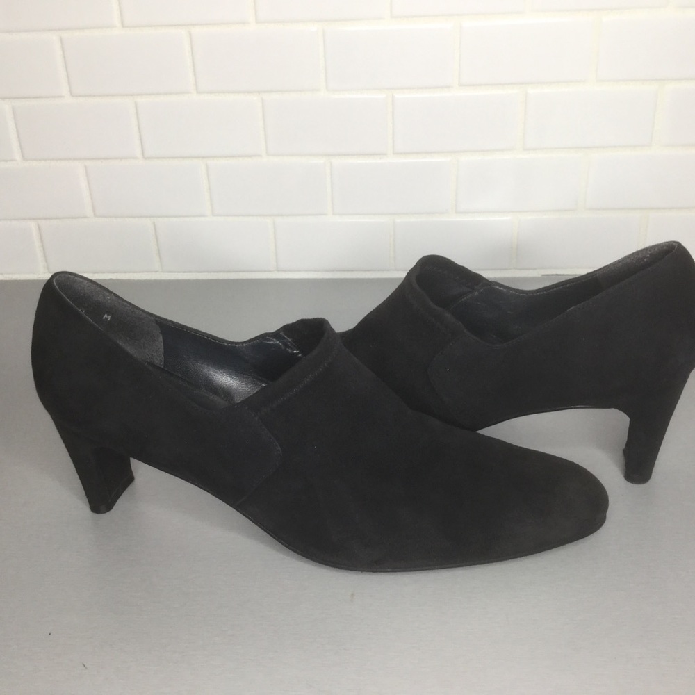 - Stuart Weitzman black suede slip on heels …